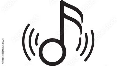 Music note icon with sound wave lines, minimal black glyph symbol for audio, melody, podcast, ringtone, streaming app UI, speaker volume and music player