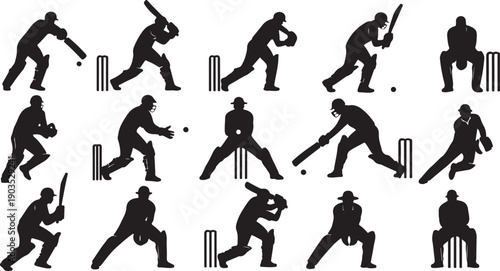 Cricket Players in Various Positional Silhouettes on White Background