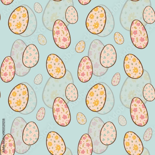 Seamless Pattern of Cute Floral Easter Eggs in Pastel Colors
