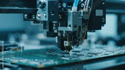 4k video of an automated pick and place machine working on a circuit board with macro details