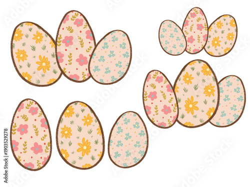 Hand Drawn Floral Easter Eggs Isolated, Cute Pastel Spring Illustration