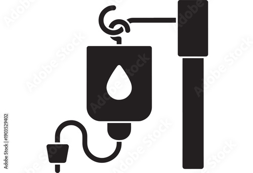 IV drip icon with hanging infusion bag and liquid drop symbol, minimalist black silhouette pictogram for hospital, medical clinic, emergency care and therapy use