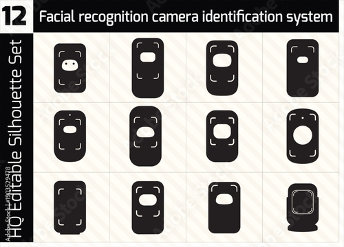 Facial recognition camera identification system silhouette set for biometric security surveillance AI face scanning and digital identity verification