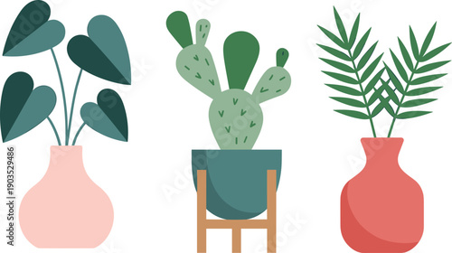 Modern potted houseplant illustration vector set with cactus and leafy indoor plants in decorative vases for home decor and interior design