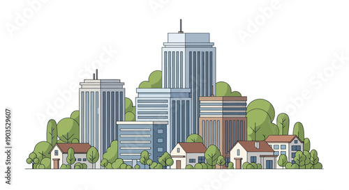 Modern Cityscape with Skyscrapers and Residential Houses Illustration