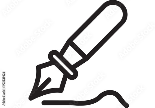 Pen nib icon with bold black outline drawing a smooth curved line, minimal vector style for writing, signature, calligraphy, editing, design tools and UI