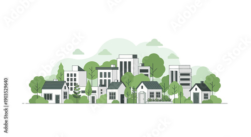 Flat Design Cityscape with Green Trees and Modern Buildings