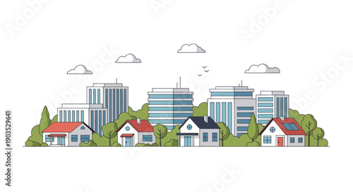 Flat illustration of a suburban neighborhood with modern buildings and houses