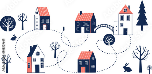 Cute neighborhood village illustration with houses winding paths trees and rabbit in minimal Scandinavian flat style for community map and storybook design