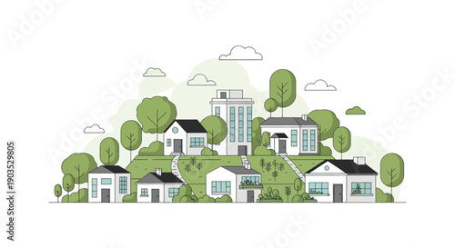 Charming village landscape with houses, trees, and clouds on a hill