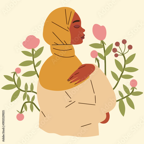 Serene illustration of a Muslim woman in a yellow hijab surrounded by blooming pink flowers.