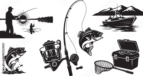 Fishing Gear and Scenes in Black and White Illustrations