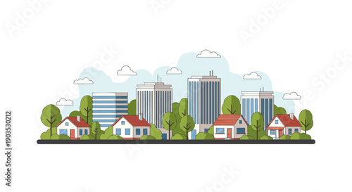 Flat illustration of a city skyline with residential houses and modern skyscrapers.