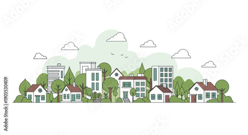 Modern and Traditional Houses in Green Landscape Flat Design