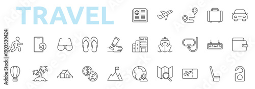 Travel icon outline style with passport, airplane, route, suitcase, car rental, hotel, cruise, snorkeling icons