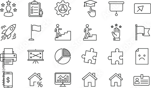 Business startup education and finance line icons set for growth strategy marketing analytics user interface design web apps