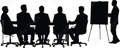 Silhouette of corporate professionals attending a business meeting, discussing strategy with presenter in office boardroom during presentation session