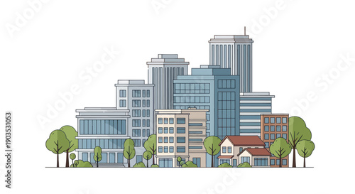 Modern Cityscape Illustration with Tall Buildings and Green Trees
