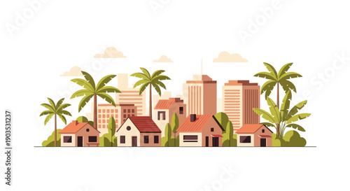 Vibrant city skyline with tropical palm trees and cozy houses, flat design illustration.