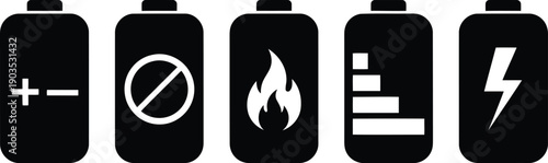Black battery representing power polarity prohibition fire and charge levels energy