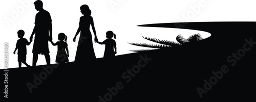 Large black silhouette collection featuring forest landscapes with pine trees family walking on beach park bench and camping trailer isolated on white background for design.