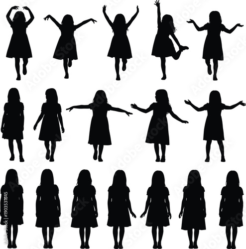 Large set of black vector silhouettes of little girl wearing dress in various active poses like standing jumping and dancing isolated on white background.