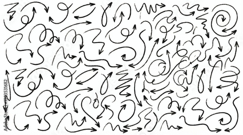 Hand drawn arrows in various directions and shapes on white background