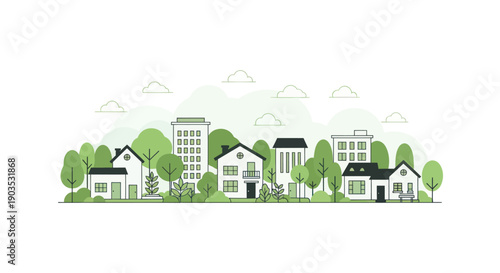 Cozy suburban neighborhood with modern houses and green trees, flat design.