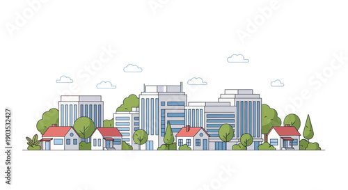 Modern Cityscape with Residential Houses and Green Trees, Flat Design