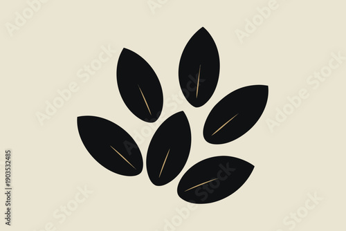 Five Black Seed Shapes with Gold Lines on Cream Background