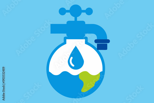 Earth globe with water tap and dripping water drop