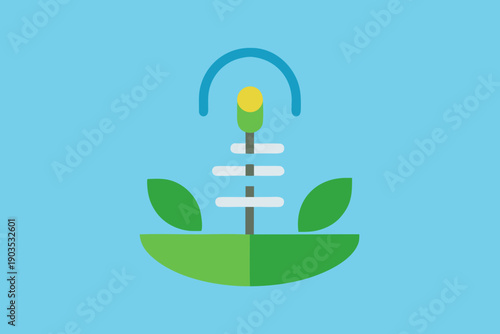 Stylized anchor with green leaves and blue arch on light blue