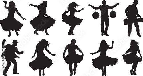Silhouettes of people dancing and having fun together freely