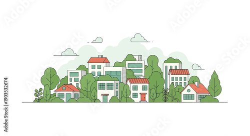 Flat illustration of a suburban neighborhood with houses and trees, vector graphic