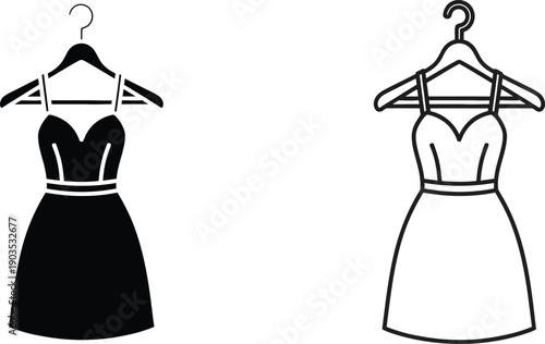 Two elegant dresses hanging on hangers in black and white
