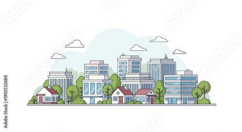 Modern Cityscape Illustration with Buildings, Houses, and Trees