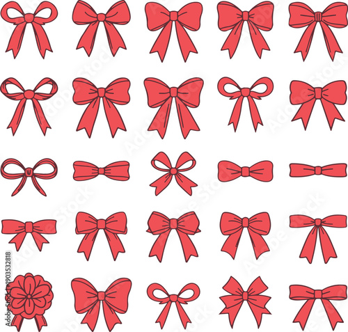 Realistic bow set. Red silk ribbons with bows festive decor satin rose, luxury elements for holiday packaging and design, elegant gift tape 3d vector decor set on white background