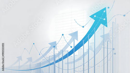 Financial business growth chart with rising blue arrows and bar graphs on a light background.