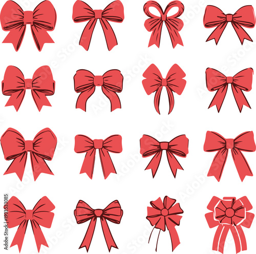 Set of elegant whimsical hand-drawn pink blue orange green color bows knots and wavy squiggle curly ribbons in trendy, vintage styles. Perfect for quirky holiday, wedding, birthday gift decorations 
