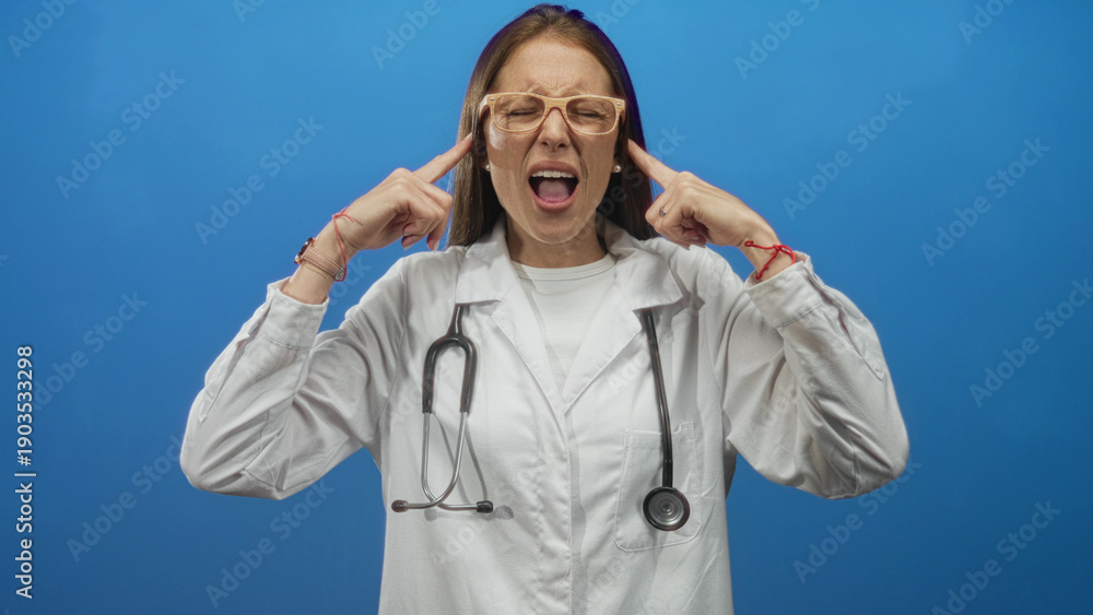 Naklejka premium Woman doctor in white coat with stethoscope presses fingers to ears and shouts in blue studio; stress fatigue.