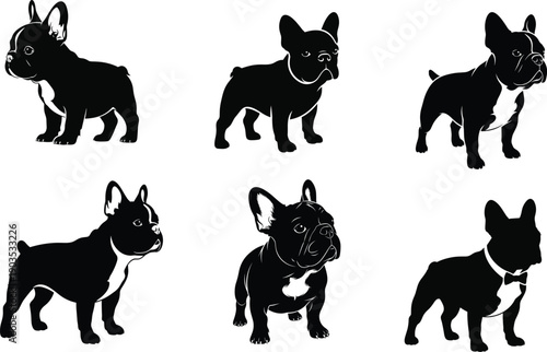 Six black silhouettes of french bulldogs in various poses