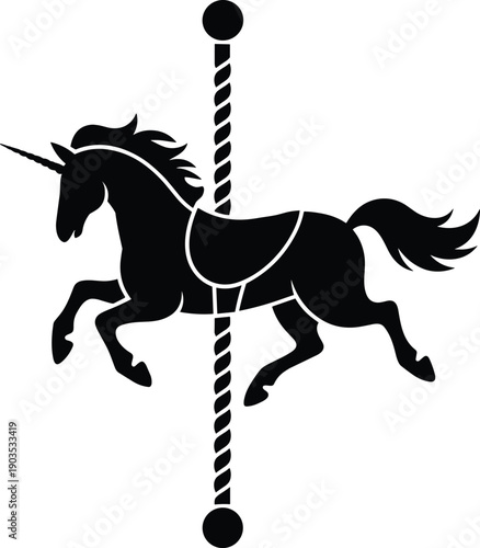 Carousel unicorn silhouette, fantasy ride icon, mythical amusement illustration, whimsical fairground design graphic, black and white vector artwork