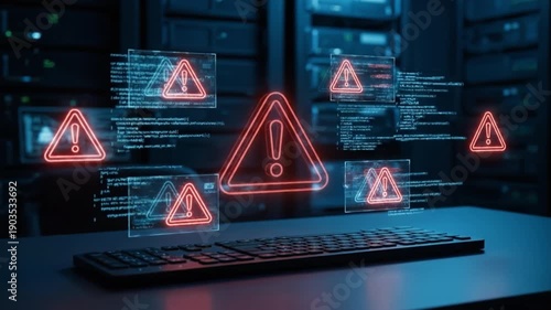 Cyber security cyber attack data breach malware warning symbol red alert computer screen digital code server room information technology network security risk hacking threat digital glitch system