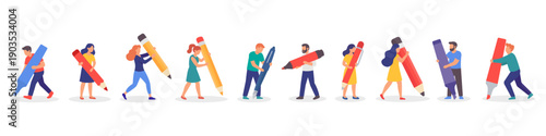 Set of people with giant pens and pencils. Colorful illustration of men and women carrying oversized writing tools