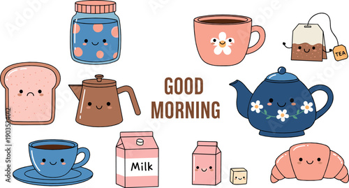Cute good morning breakfast illustration set with smiling coffee tea croissant milk toast and cozy kitchen items in kawaii flat cartoon style for cafe and lifestyle designs