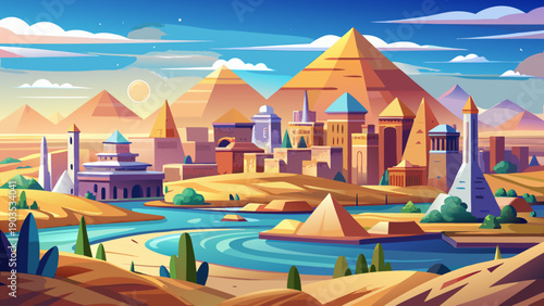 Very beautiful panoramic view from the Giza Plateau showcases iconic pyramids rising beside Cairo’s expanding cityscape, where ancient desert monuments meet modern urban life under open skies.