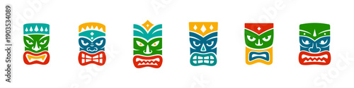 Set of six colorful tiki masks with fierce expressions. Polynesian style vector collection for festival art, tattoos and exotic cultural decor
