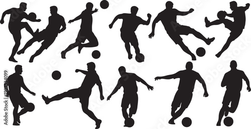 Silhouettes of soccer players in various kicking positions action