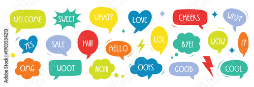 Comic style colorful speech bubbles with text. Fun doodle talk balloons for pop art, chat design, comics, and creative communication projects