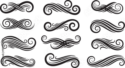 Set of black swirly decorative elements and flourishes design